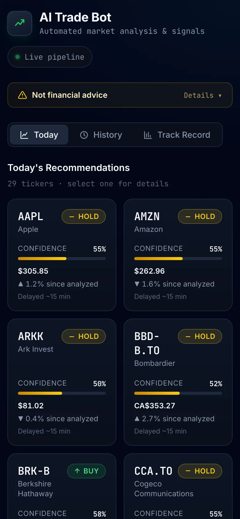 AI Trade Bot sur téléphone: recommandations du jour et niveau de confiance par titre.