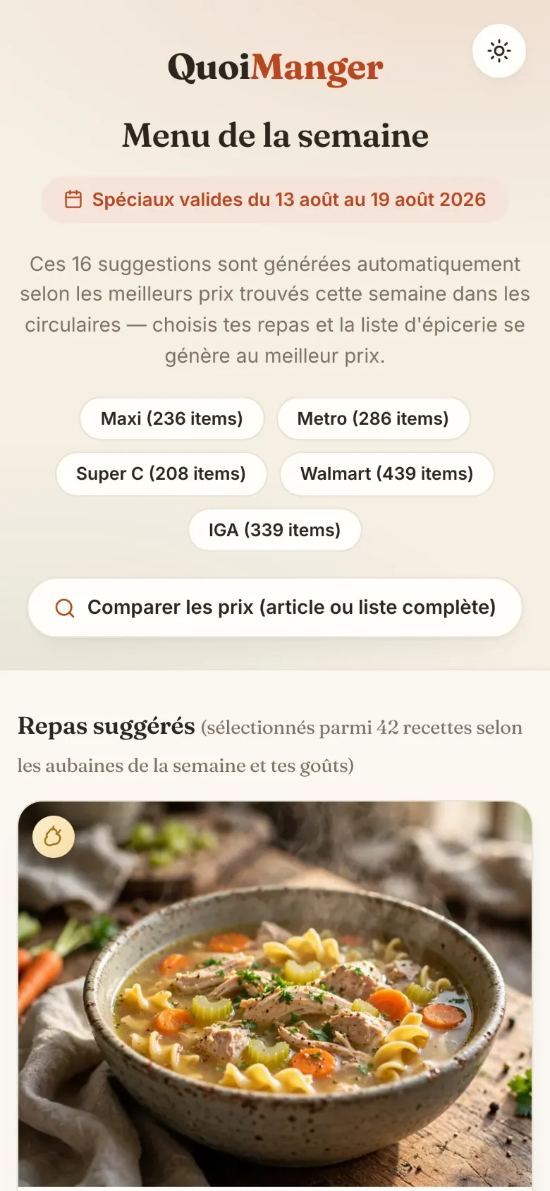 QuoiManger sur téléphone: menu de la semaine, spéciaux valides et repas suggérés.