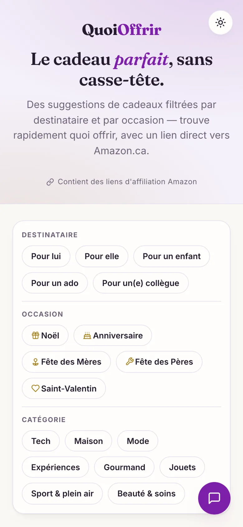 QuoiOffrir sur téléphone: filtres par destinataire, occasion et catégorie.